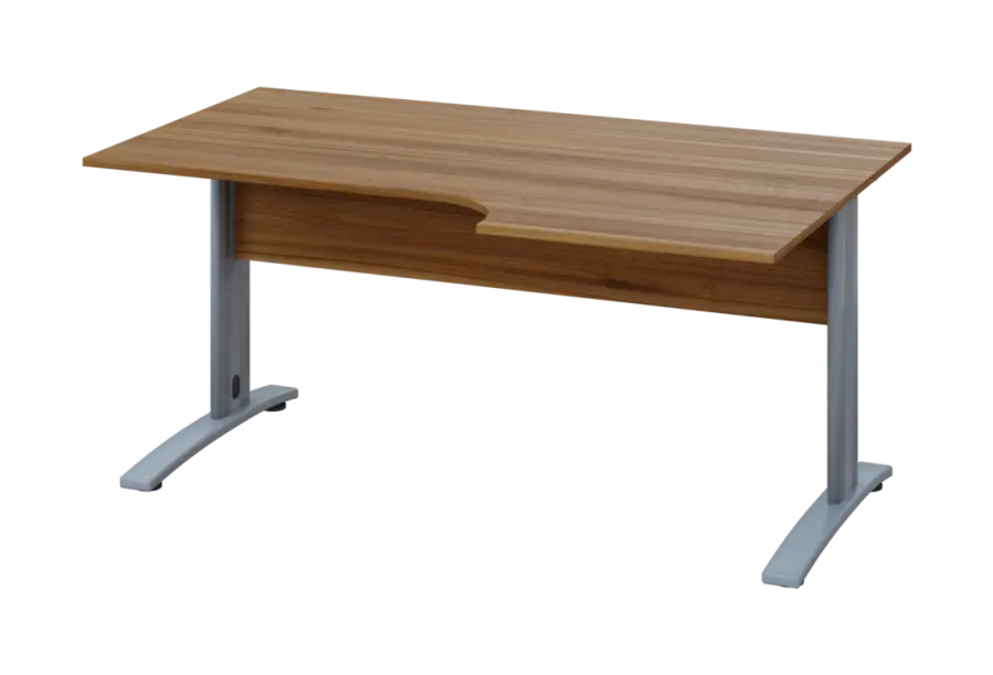 ERK 18 - 166 stůl kancelářský, rohový, pravý, kovová podnož stříbrná, deska 18 mm, široký 1600 mm, ořech světlý